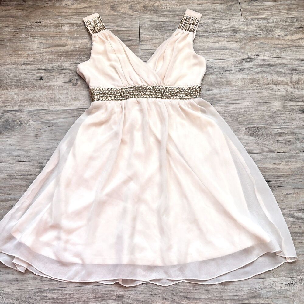 As U Wish Cream Chiffon Babydoll Dress Rhinestone Empire Waist 2000s Vintage Y2K